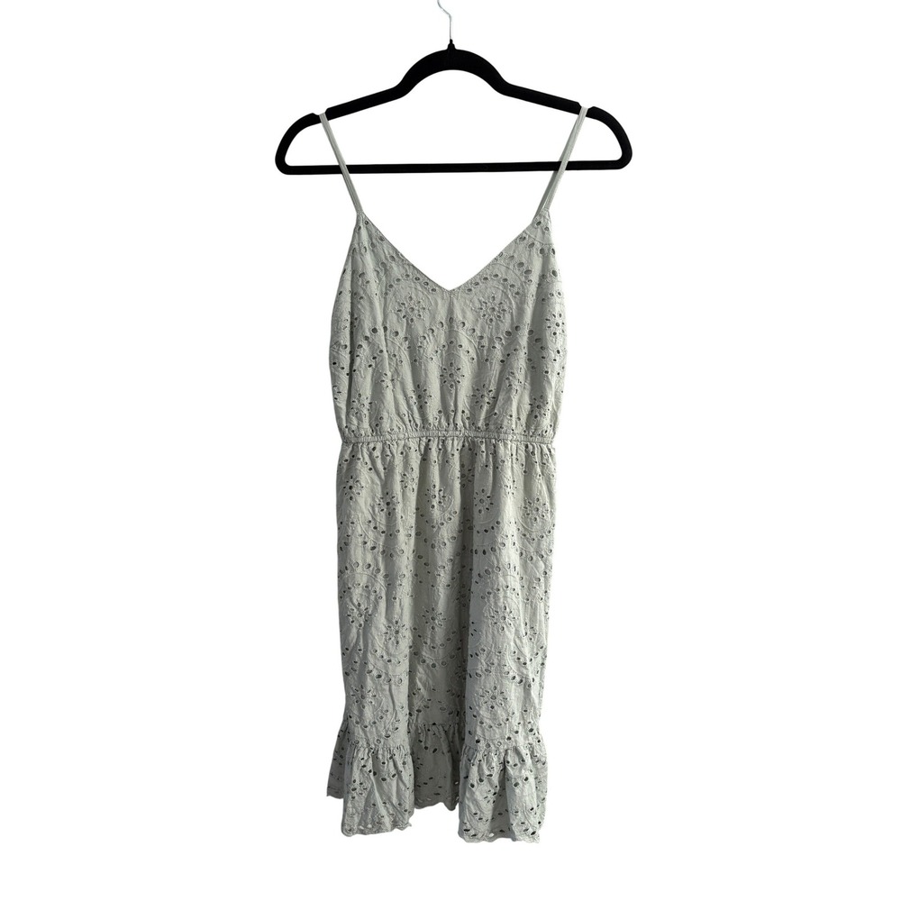 Japna Sage Green Eyelet Mini Dress Sleeveless V-Neck Ruffle Hem Smocked Back M